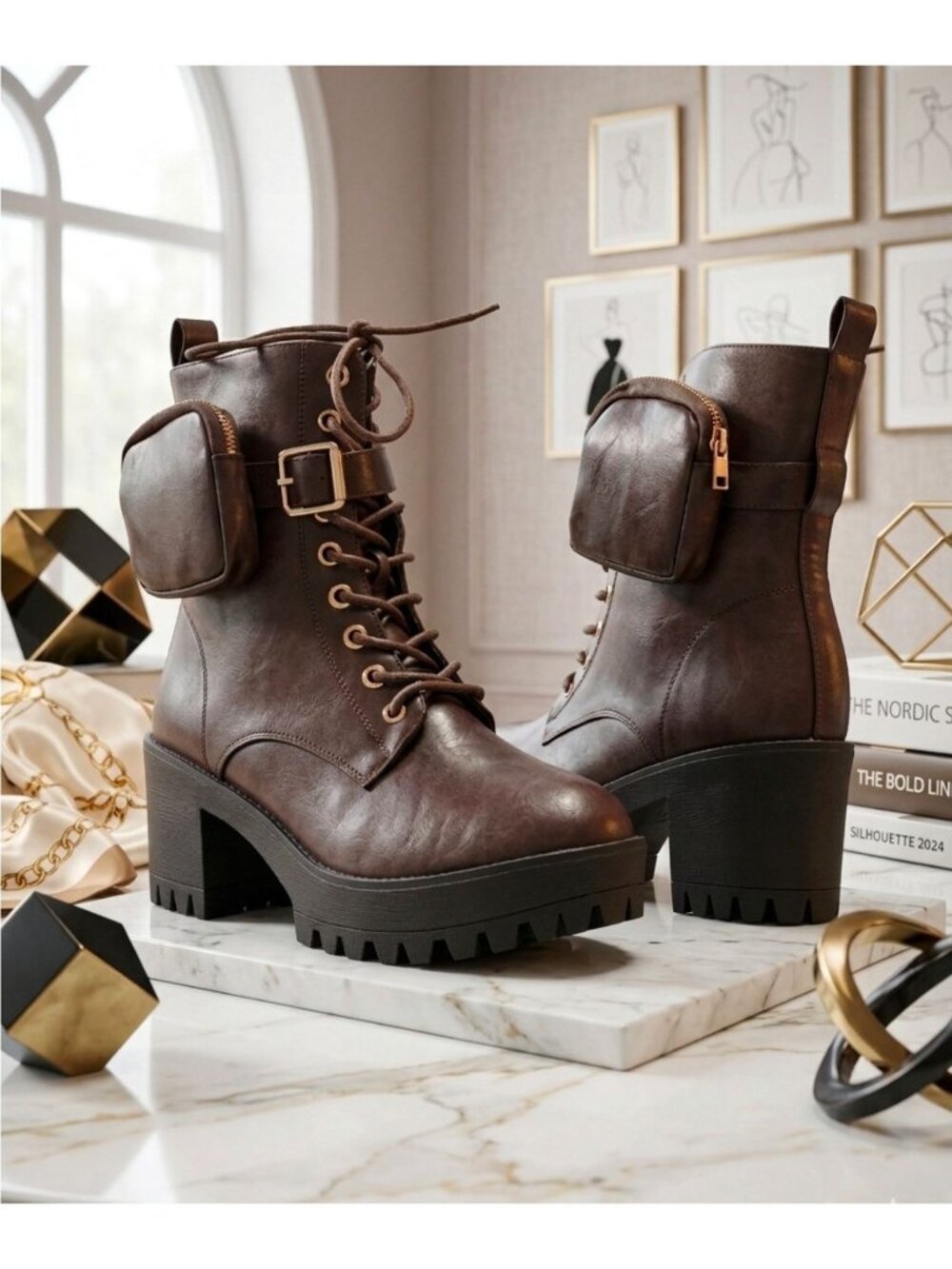 Brown Combat Boots With Chunky Heel & Detachable Side Pouches